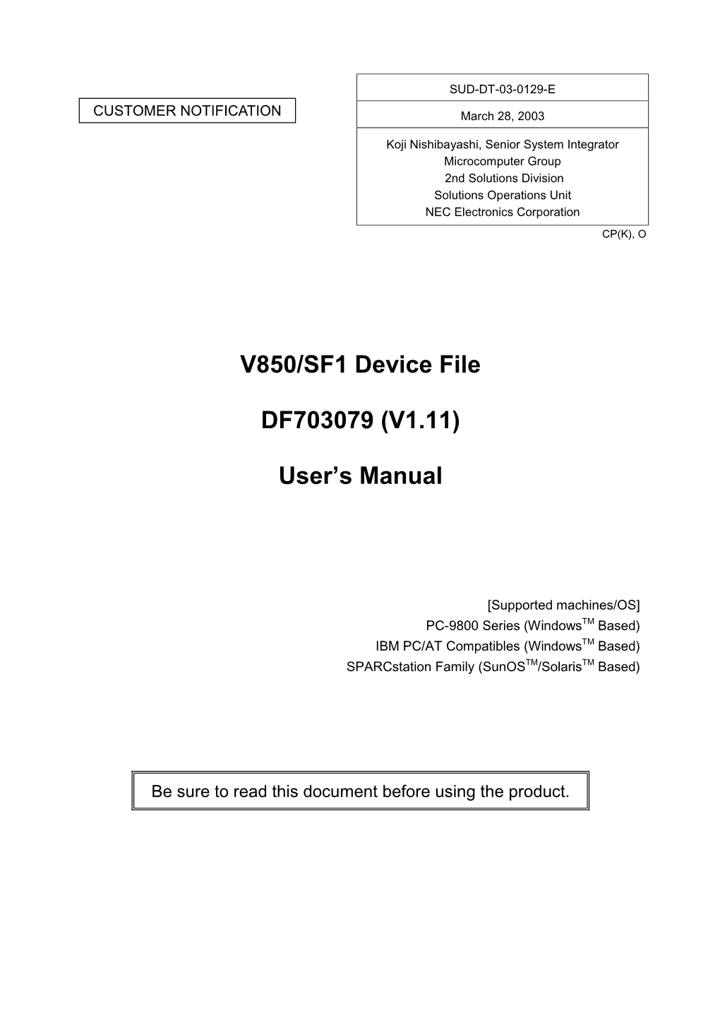 V850/SF1 Device File DF703079 (V1.11) User's Manual
