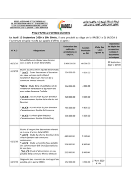 AVIS D'appels D'offres OUVERTS Le Jeudi 10 Septembre 2020 À 10H 30Min, Il Sera Procédé Au Siège De La RADEEJ À EL