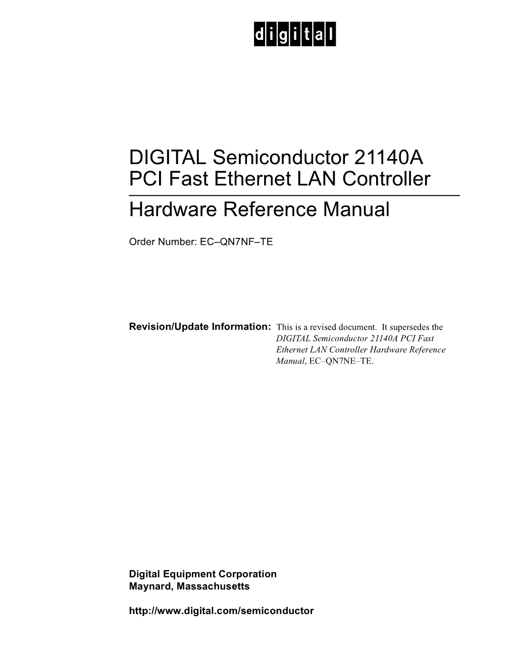 DIGITAL Semiconductor 21140A PCI Fast Ethernet LAN Controller Hardware Reference Manual