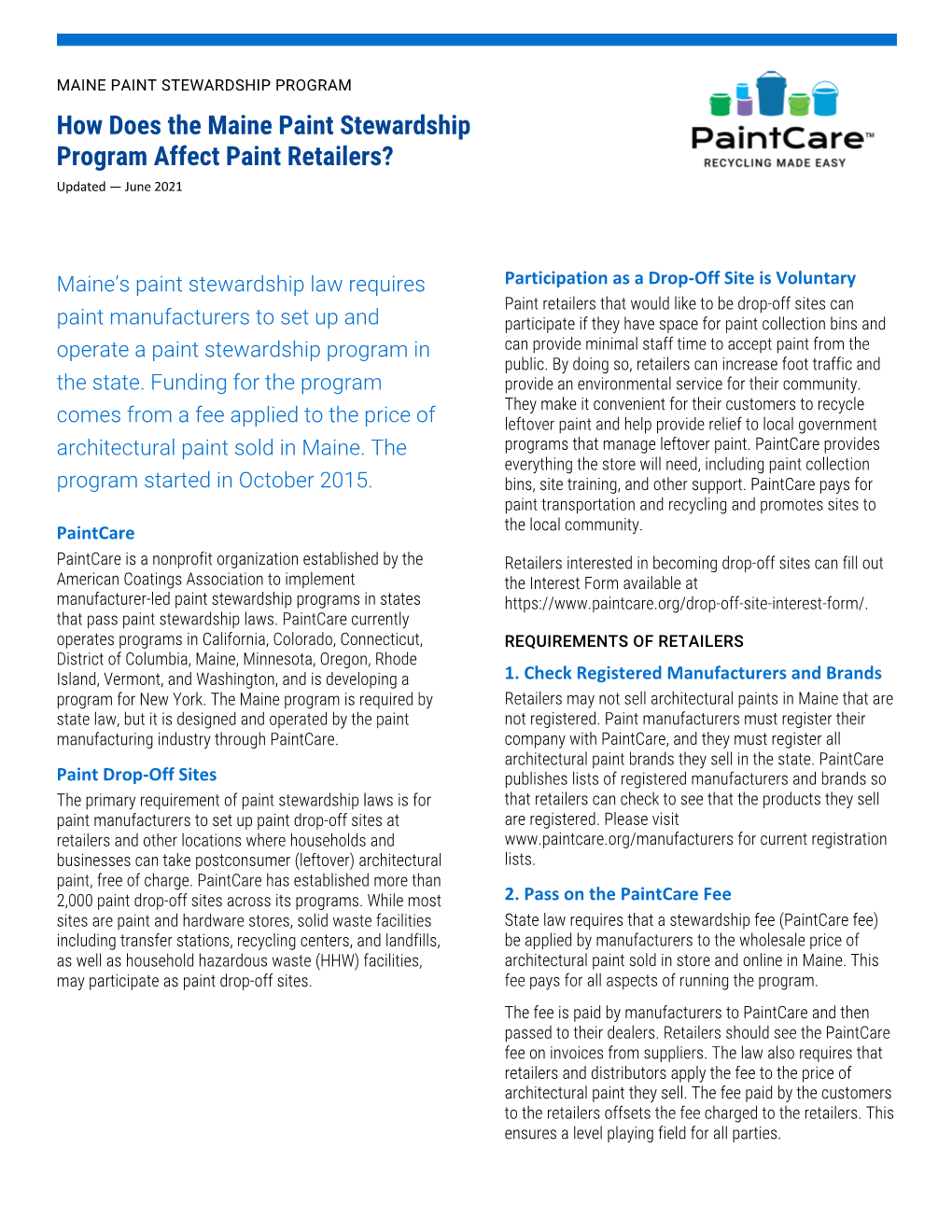 How Does the Maine Paint Stewardship Program Affect Paint Retailers? Updated — June 2021