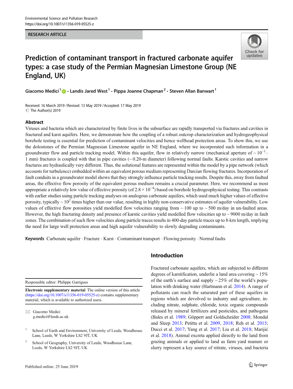 Prediction of Contaminant Transport in Fractured Carbonate Aquifer Types: a Case Study of the Permian Magnesian Limestone Group (NE England, UK)