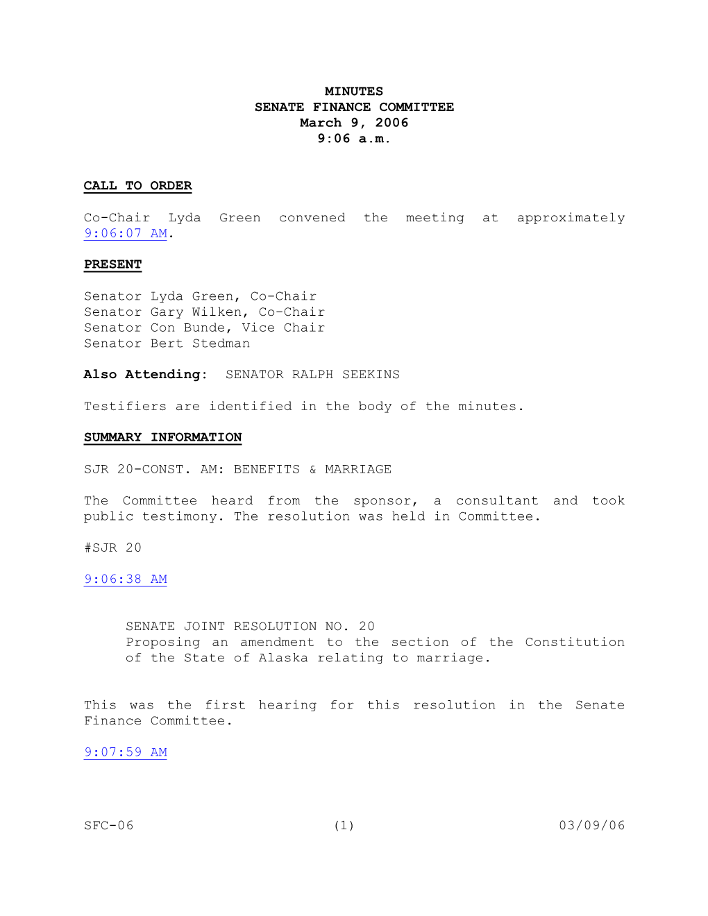 Sfc-06 (1) 03/09/06 Minutes Senate Finance Committee