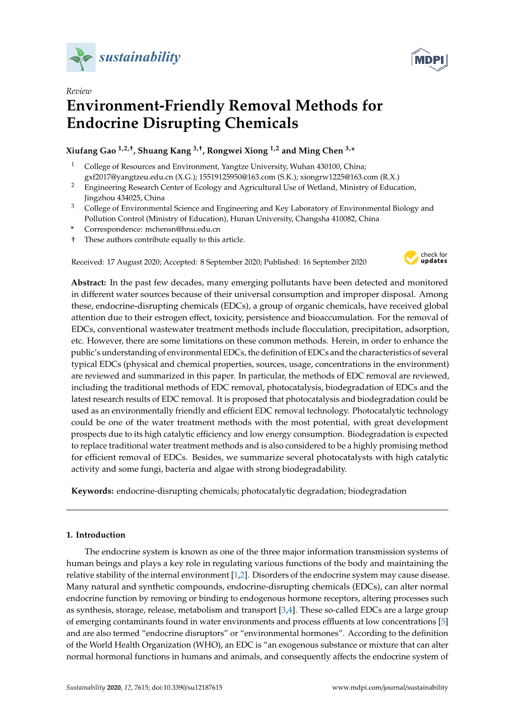 Environment-Friendly Removal Methods for Endocrine Disrupting Chemicals