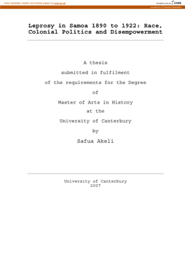 Leprosy in Samoa 1890 to 1922: Race, Colonial Politics and Disempowerment