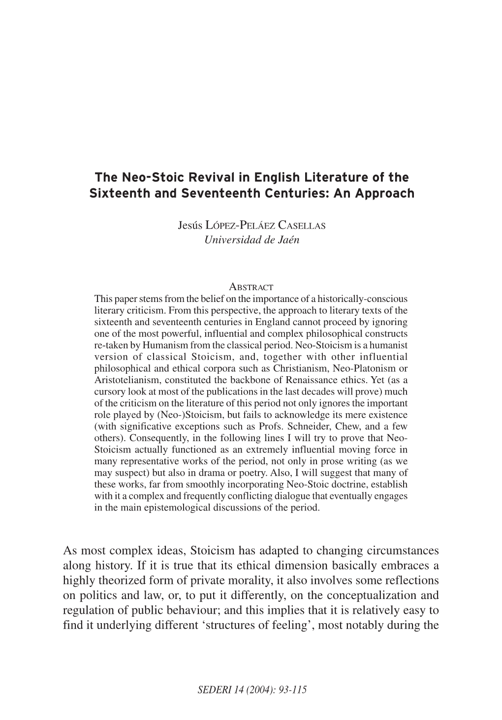 The Neo-Stoic Revival in English Literature of the Sixteenth and Seventeenth