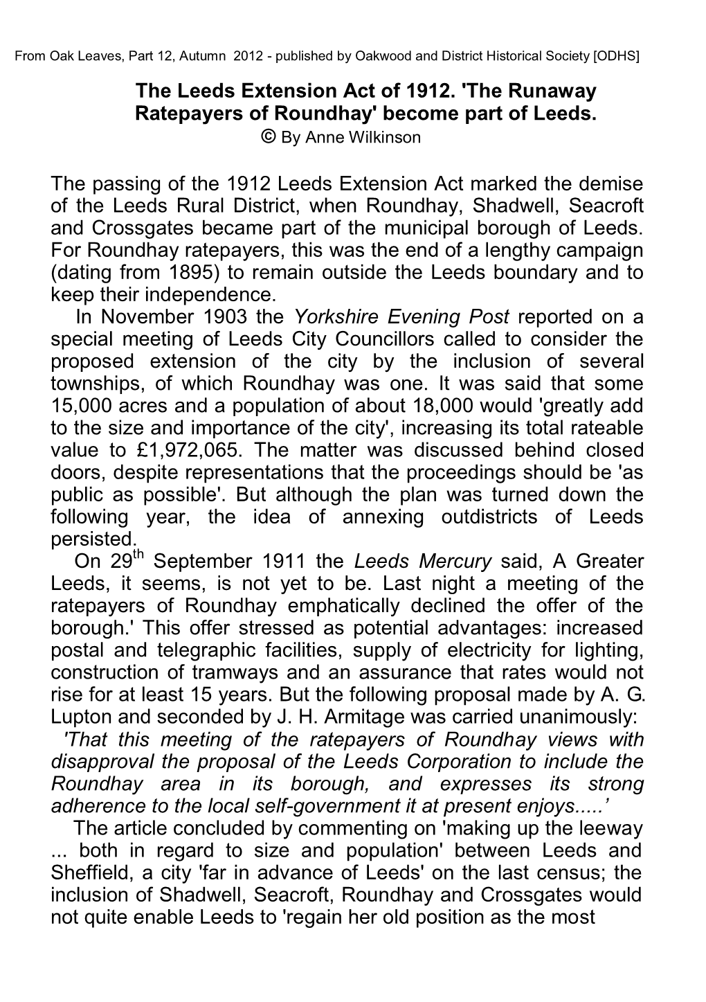 The Leeds Extension Act of 1912. 'The Runaway Ratepayers of Roundhay' Become Part of Leeds