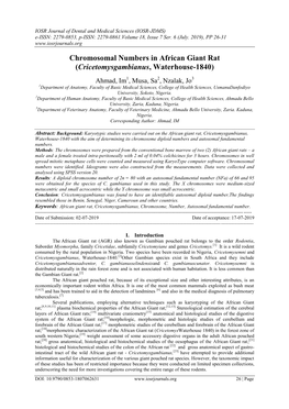 Chromosomal Numbers in African Giant Rat (Cricetomysgambianus, Waterhouse-1840)