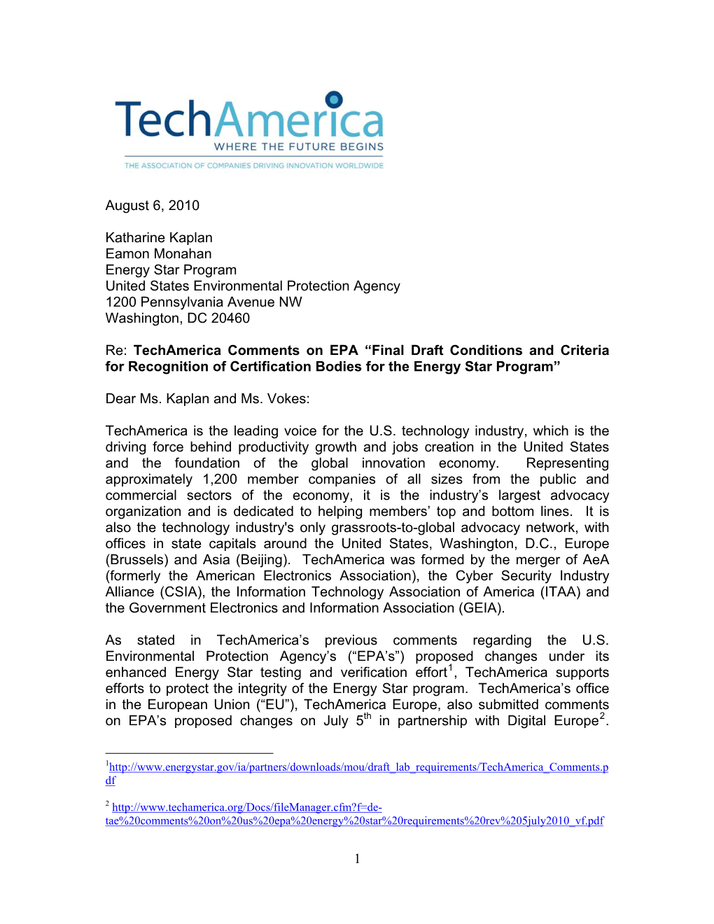 Techamerica Comments on EPA “Final Draft Conditions and Criteria for Recognition of Certification Bodies for the Energy Star Program”