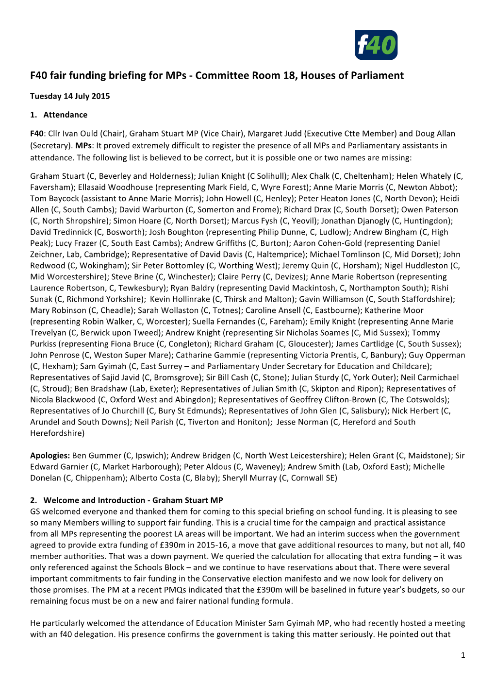F40 Fair Funding Briefing for Mps - Committee Room 18, Houses of Parliament