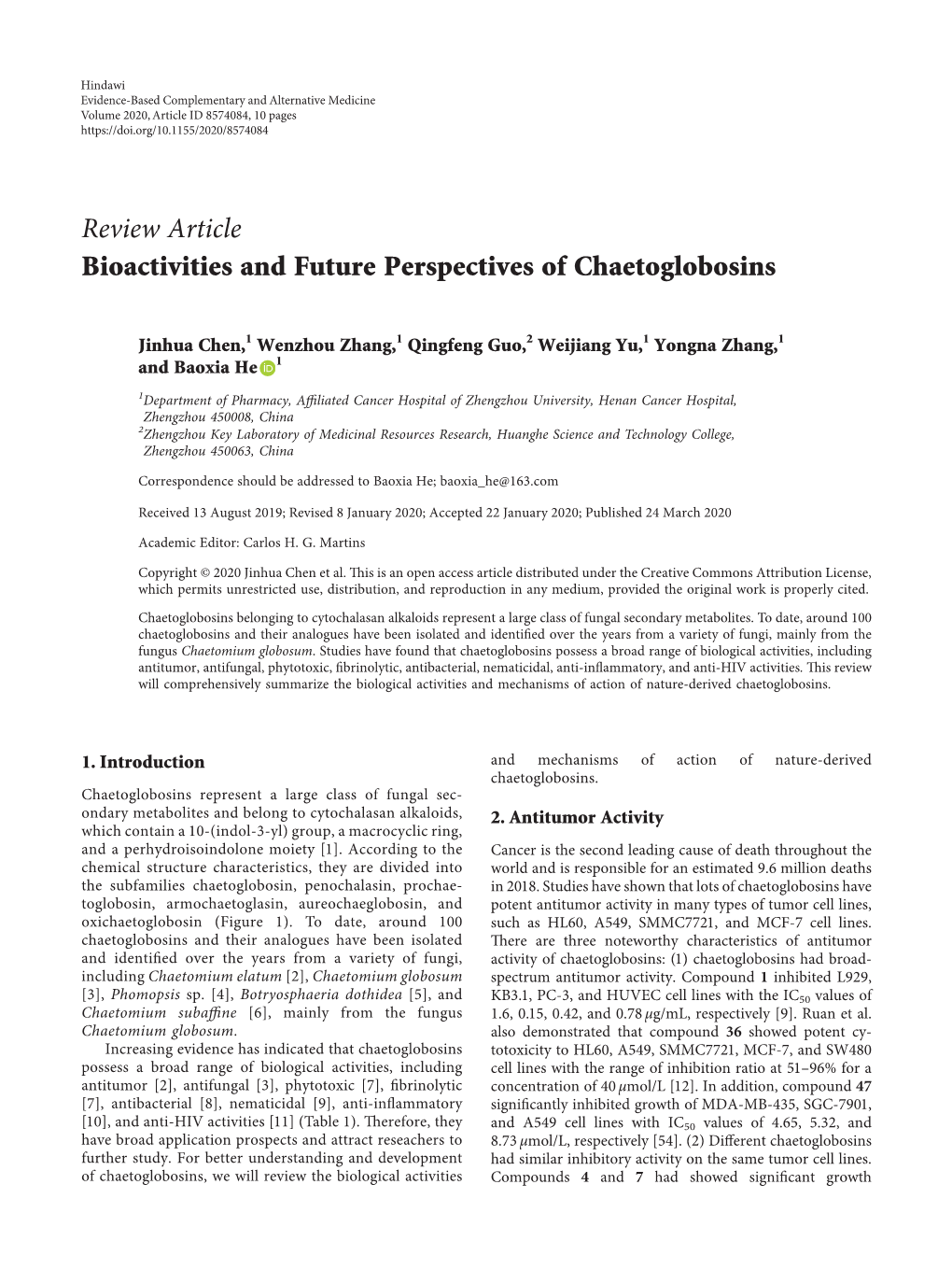 Review Article Bioactivities and Future Perspectives of Chaetoglobosins
