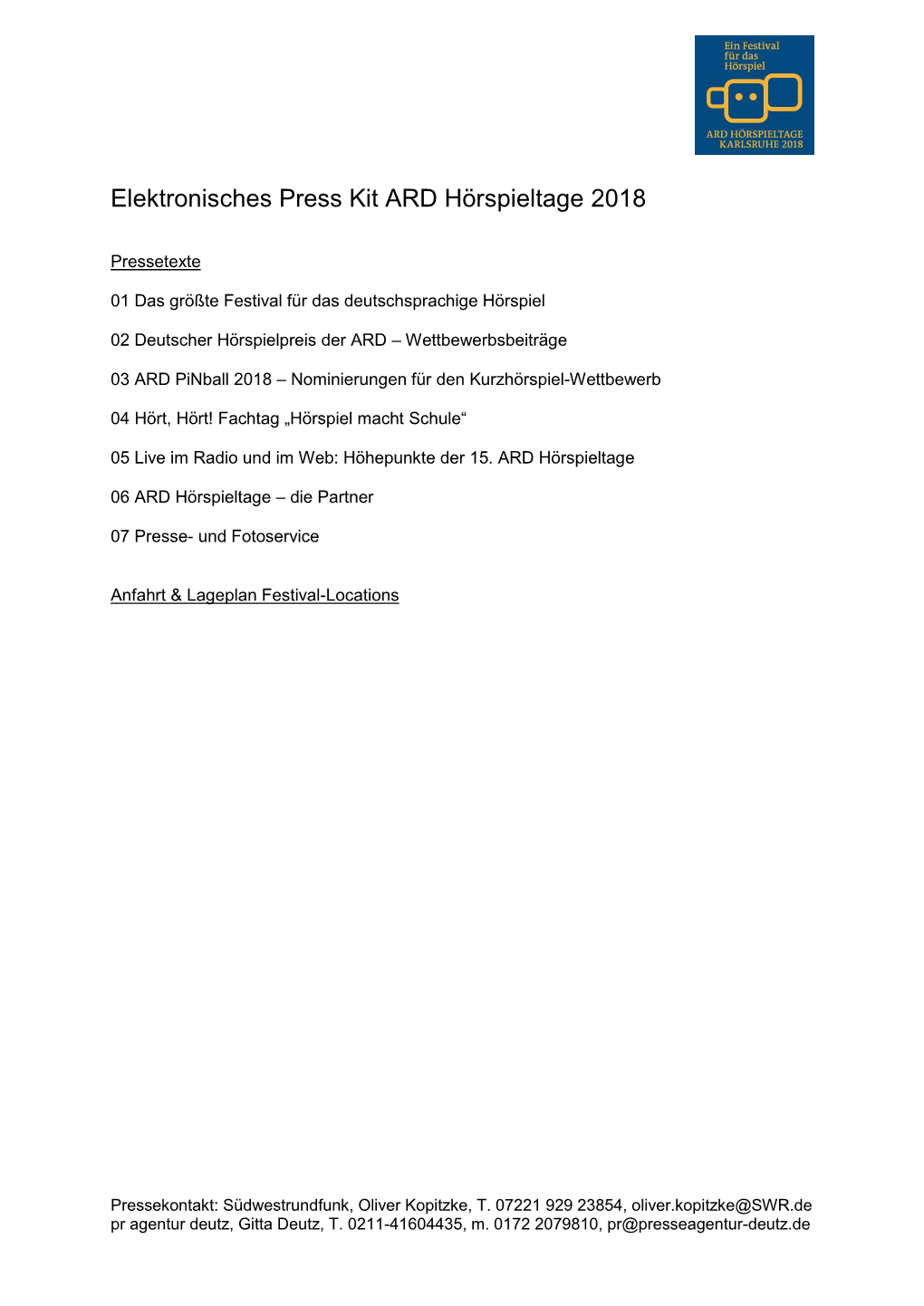 Elektronisches Press Kit ARD Hörspieltage 2018