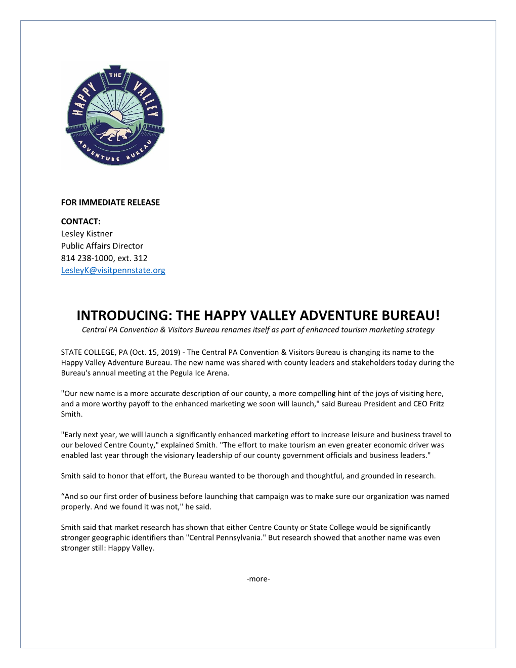 INTRODUCING: the HAPPY VALLEY ADVENTURE BUREAU! Central PA Convention & Visitors Bureau Renames Itself As Part of Enhanced Tourism Marketing Strategy