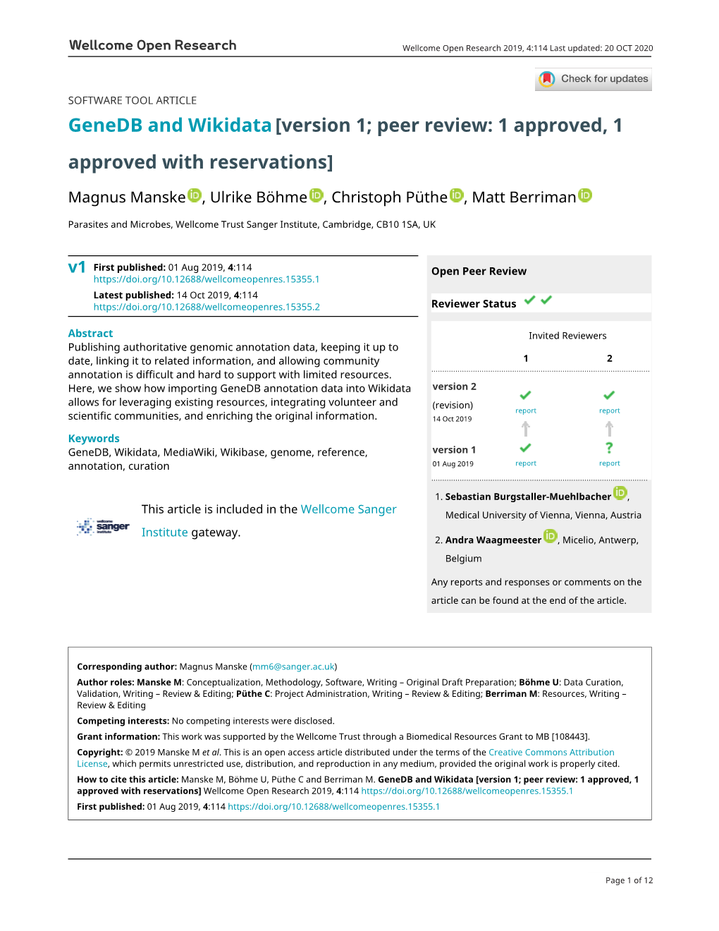 Genedb and Wikidata[Version 1; Peer Review: 1 Approved, 1 Approved with Reservations]