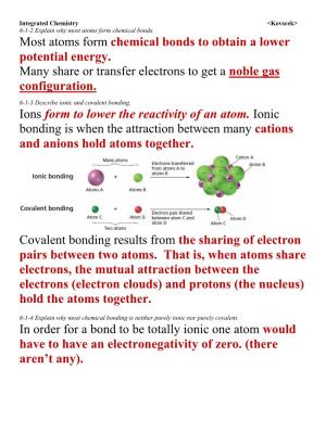 Most Atoms Form Chemical Bonds to Obtain a Lower Potential Energy