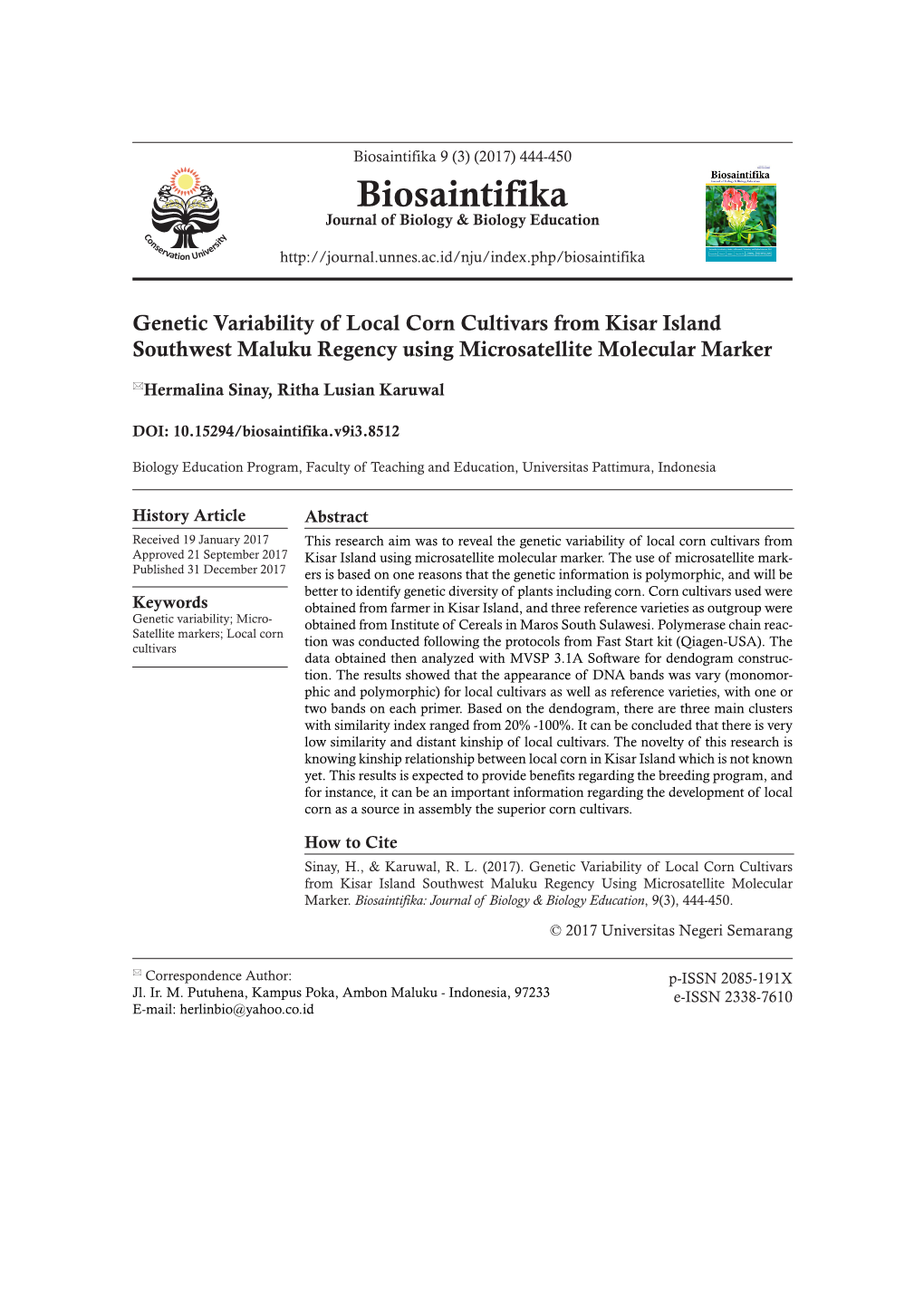 Genetic Variability of Local Corn Cultivars from Kisar Island Southwest Maluku Regency Using Microsatellite Molecular Marker