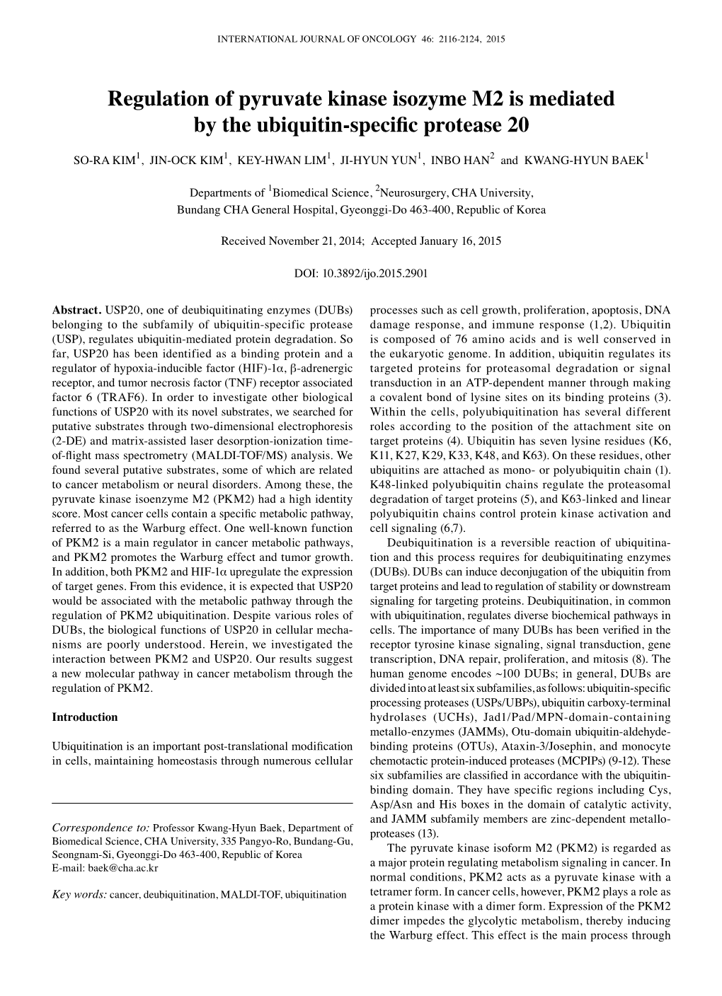 Regulation of Pyruvate Kinase Isozyme M2 Is Mediated by the Ubiquitin-Specific Protease 20