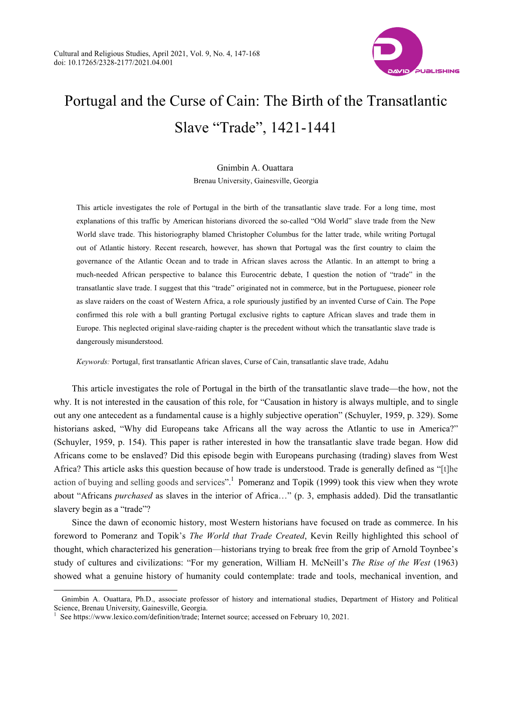 Portugal and the Curse of Cain: the Birth of the Transatlantic Slave “Trade”, 1421-1441