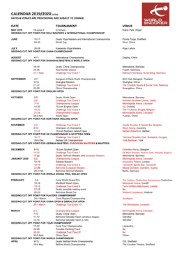 CALENDAR 2019/2020 (V16a) DATES & VENUES ARE PROVISIONAL and SUBJECT to CHANGE