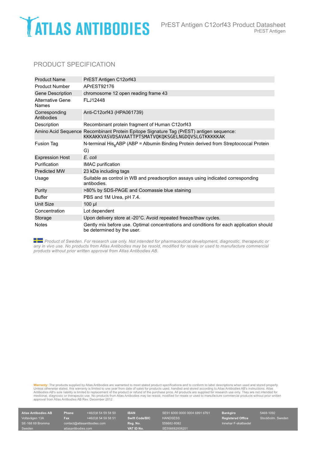 PRODUCT SPECIFICATION Prest Antigen C12orf43 Product