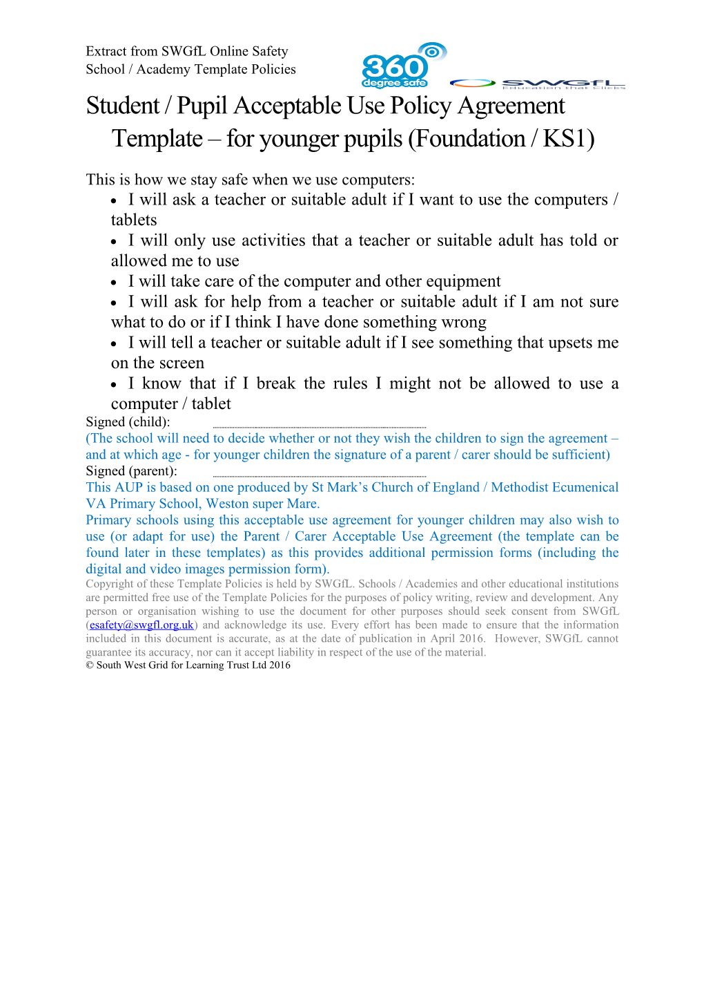 Student / Pupil Acceptable Use Policy Agreement Template for Younger Pupils (Foundation / KS1)