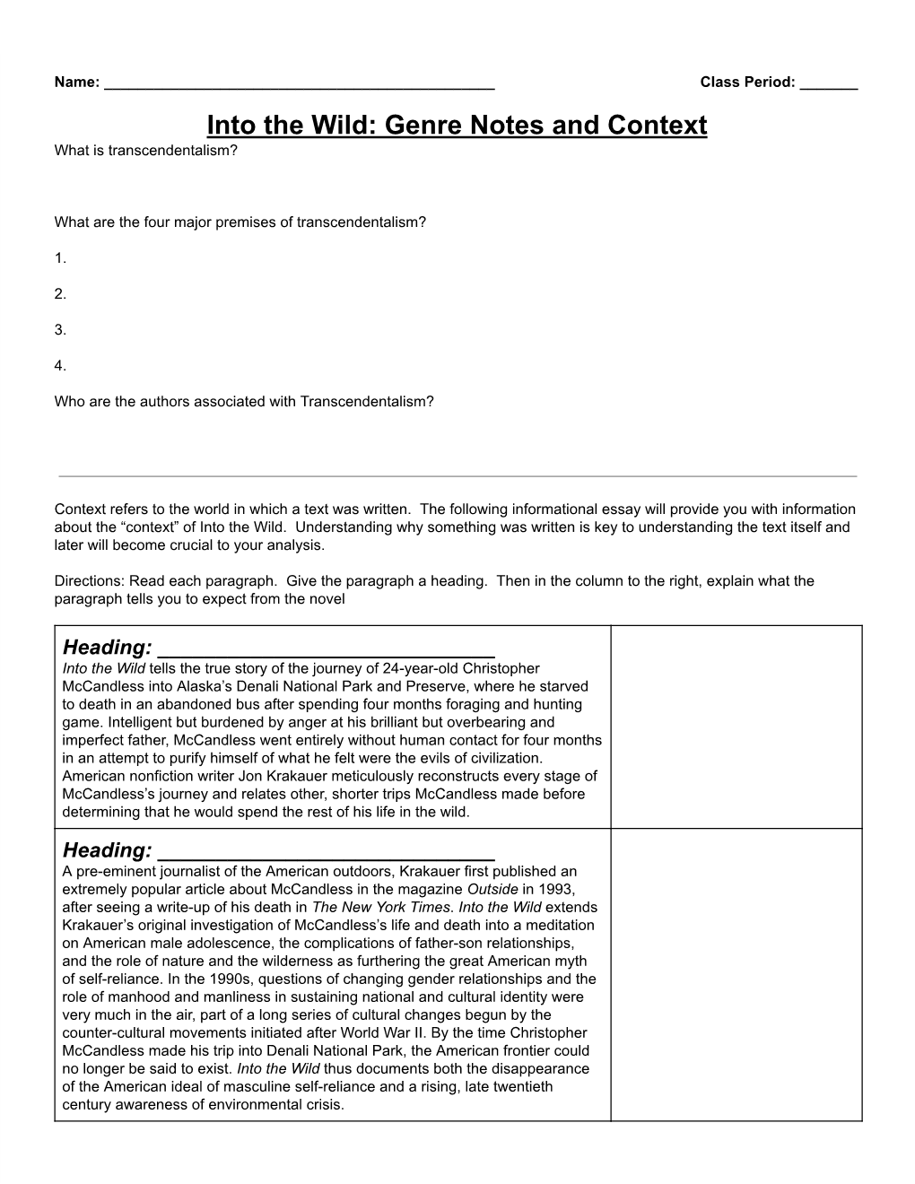 Into the Wild: Genre Notes and Context What Is Transcendentalism?