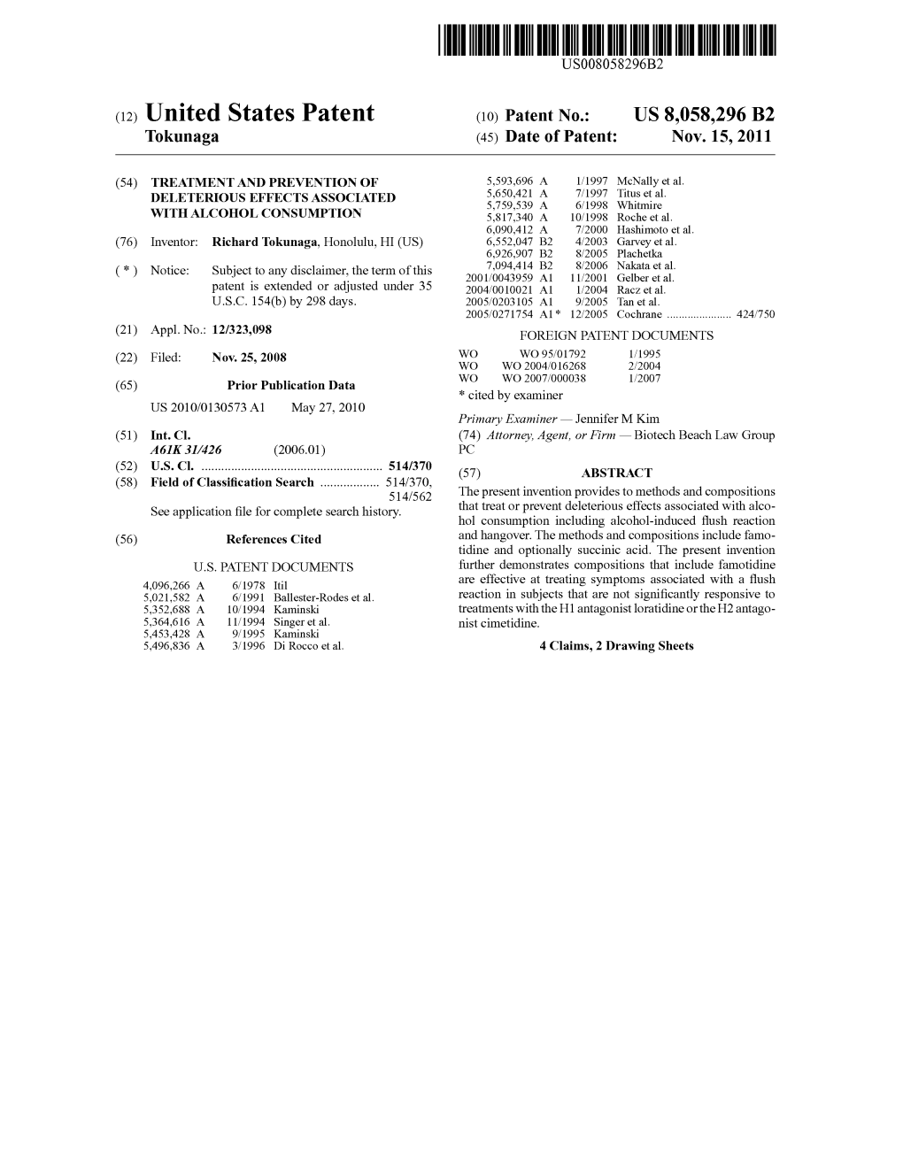 (12) United States Patent (10) Patent No.: US 8,058,296 B2 Tokunaga (45) Date of Patent: Nov