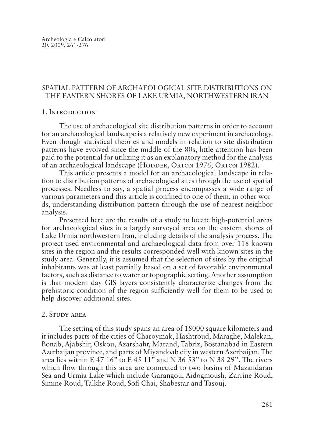 Spatial Pattern of Archaeological Site Distributions on the Eastern Shores of Lake Urmia, Northwestern Iran