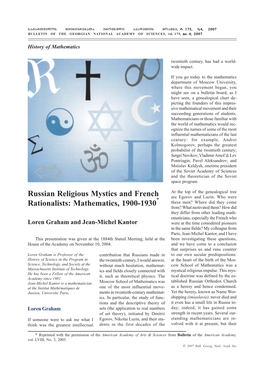 Russian Religious Mystics and French Rationalists: Mathematics, 1900-1930 45