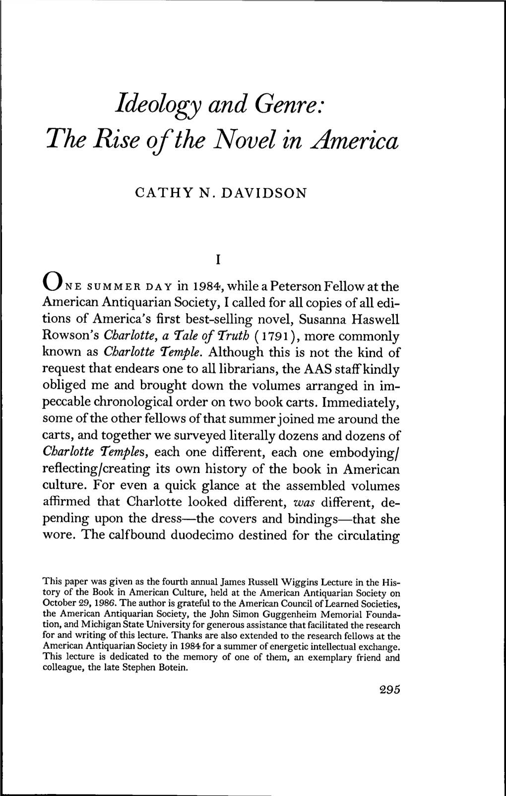 Ideology and Genre: the Rise of the Novel in America