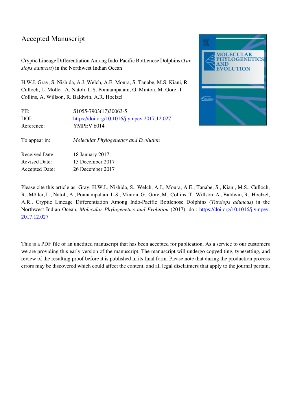 (Tursiops Aduncus) in the Northwest Indian Ocean, Molecular Phylogenetics and Evolution (2017), Doi