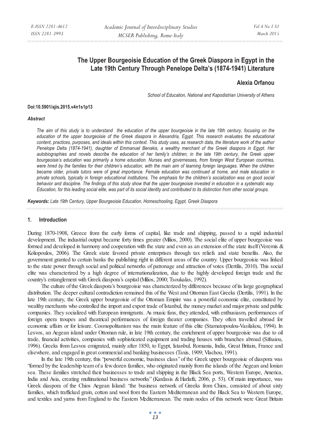 The Upper Bourgeoisie Education of the Greek Diaspora in Egypt in the Late 19Th Century Through Penelope Delta’S (1874-1941) Literature