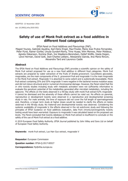 Safety of Use of Monk Fruit Extract As a Food Additive in Different Food Categories