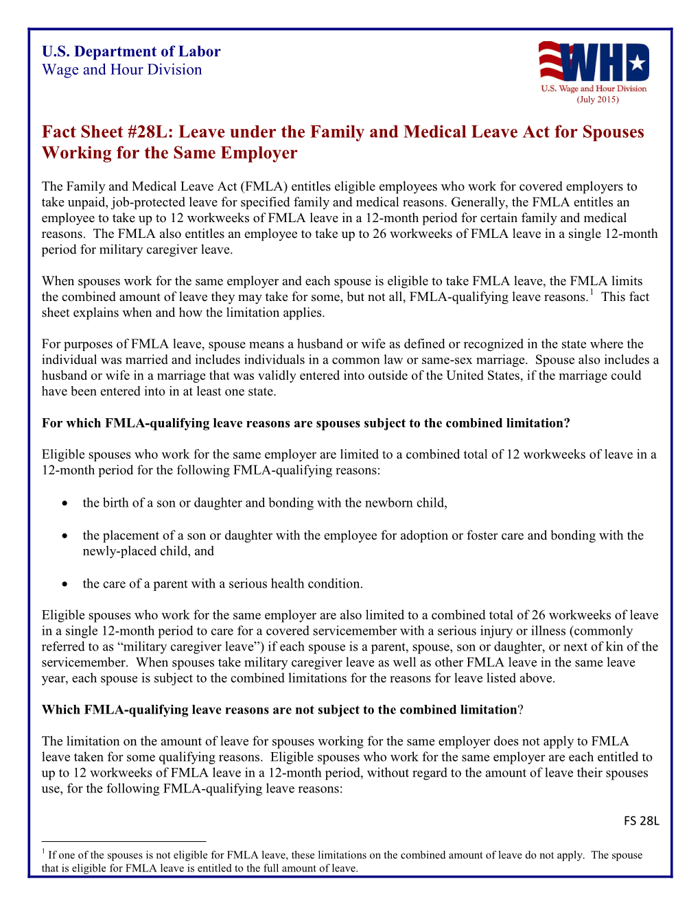 Fact Sheet #28L: Leave Under the Family and Medical Leave Act for Spouses Working for the Same Employer