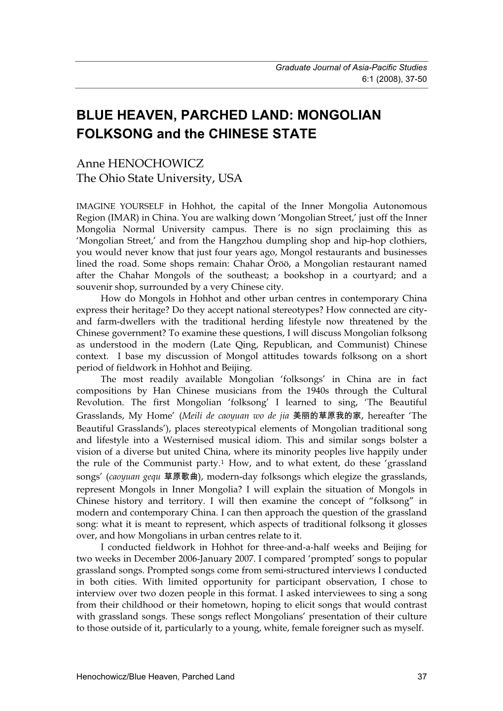 Representations of Mongolian Folksong in Urban Inner Mongolia