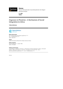 Orgeones in Phratries : a Mechanism of Social Integration in Attica