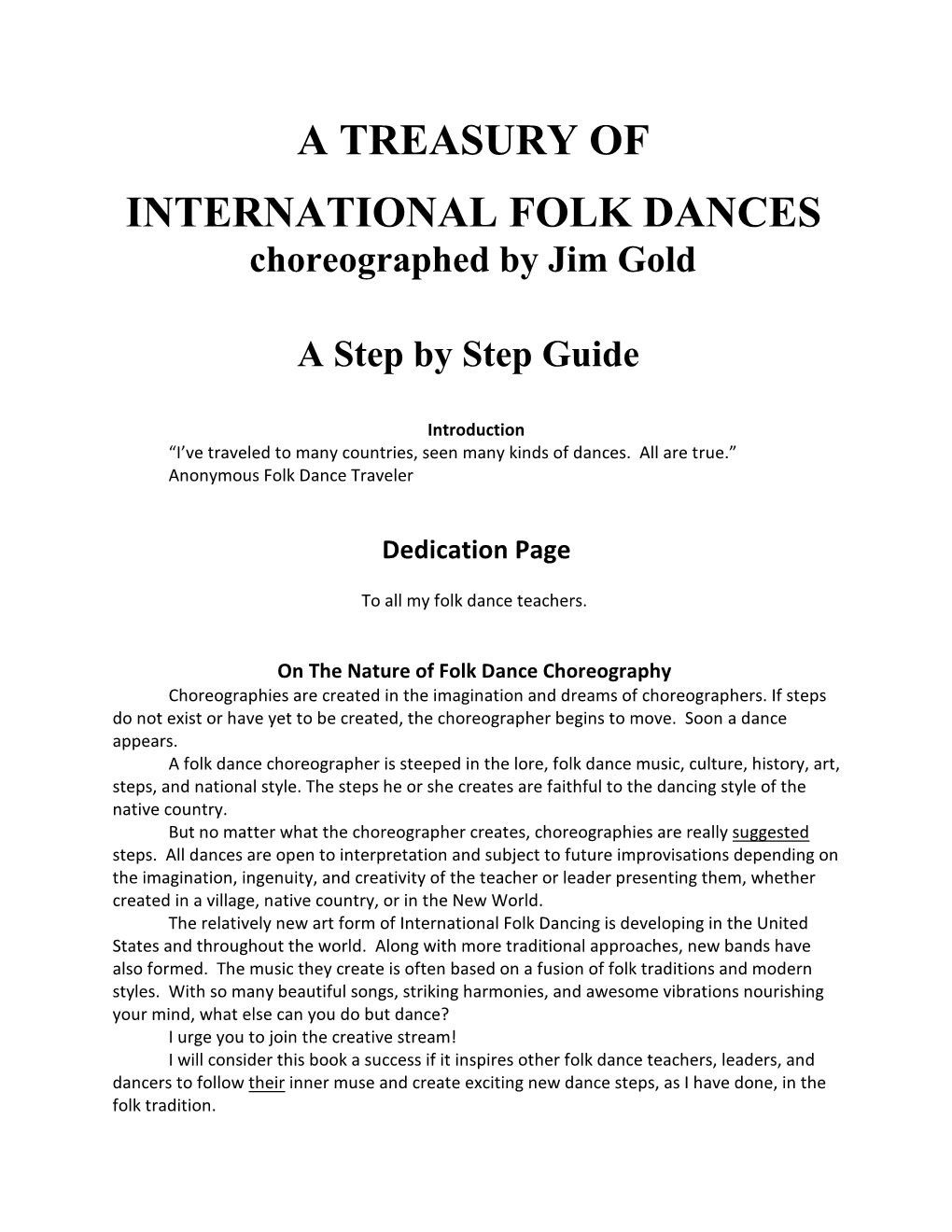 A TREASURY of INTERNATIONAL FOLK DANCES Choreographed by Jim Gold