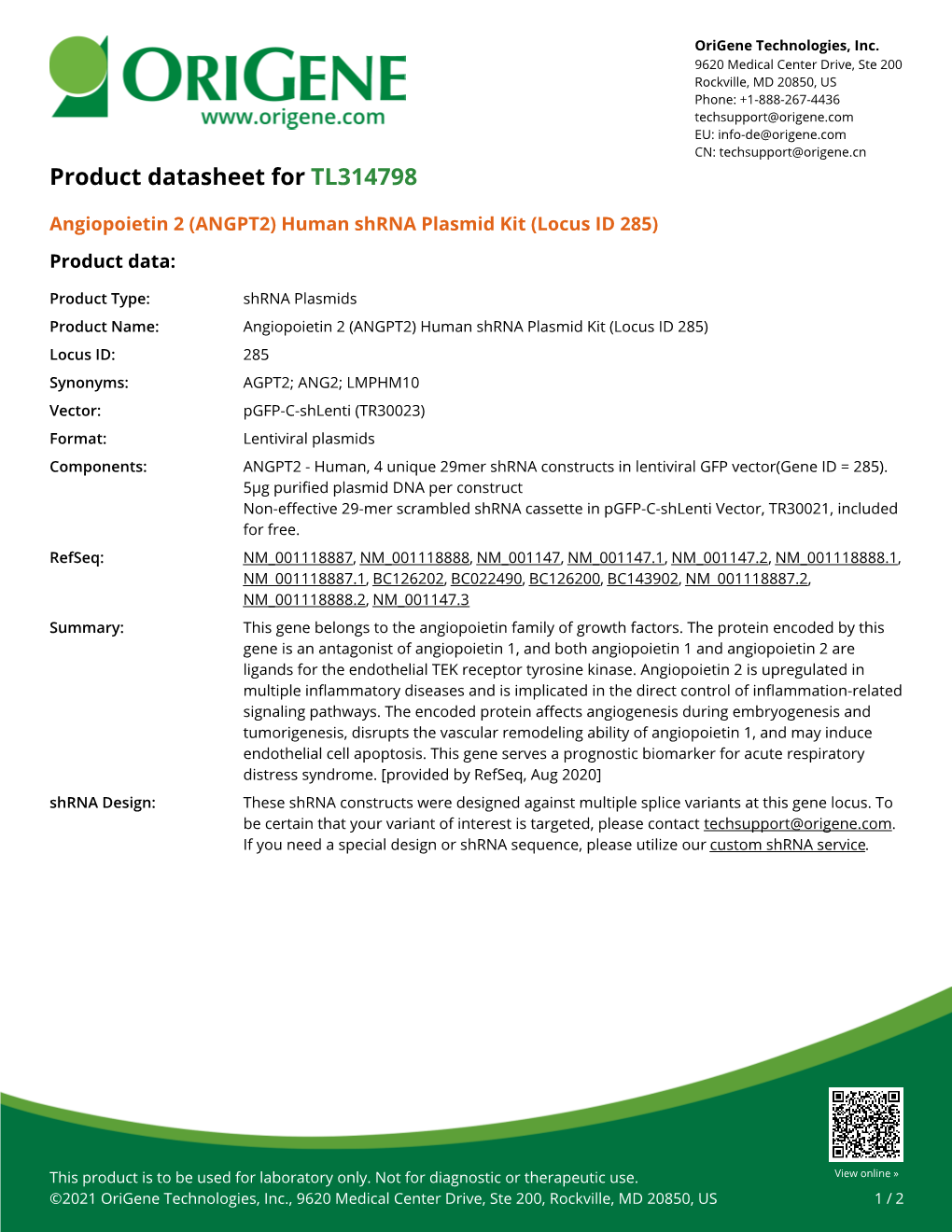 ANGPT2 Human Shrna Plasmid Kit (Locus ID 285