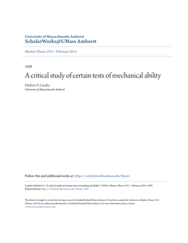 A Critical Study of Certain Tests of Mechanical Ability Herbert A