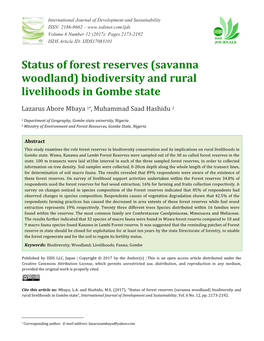 (Savanna Woodland) Biodiversity and Rural Livelihoods in Gombe State