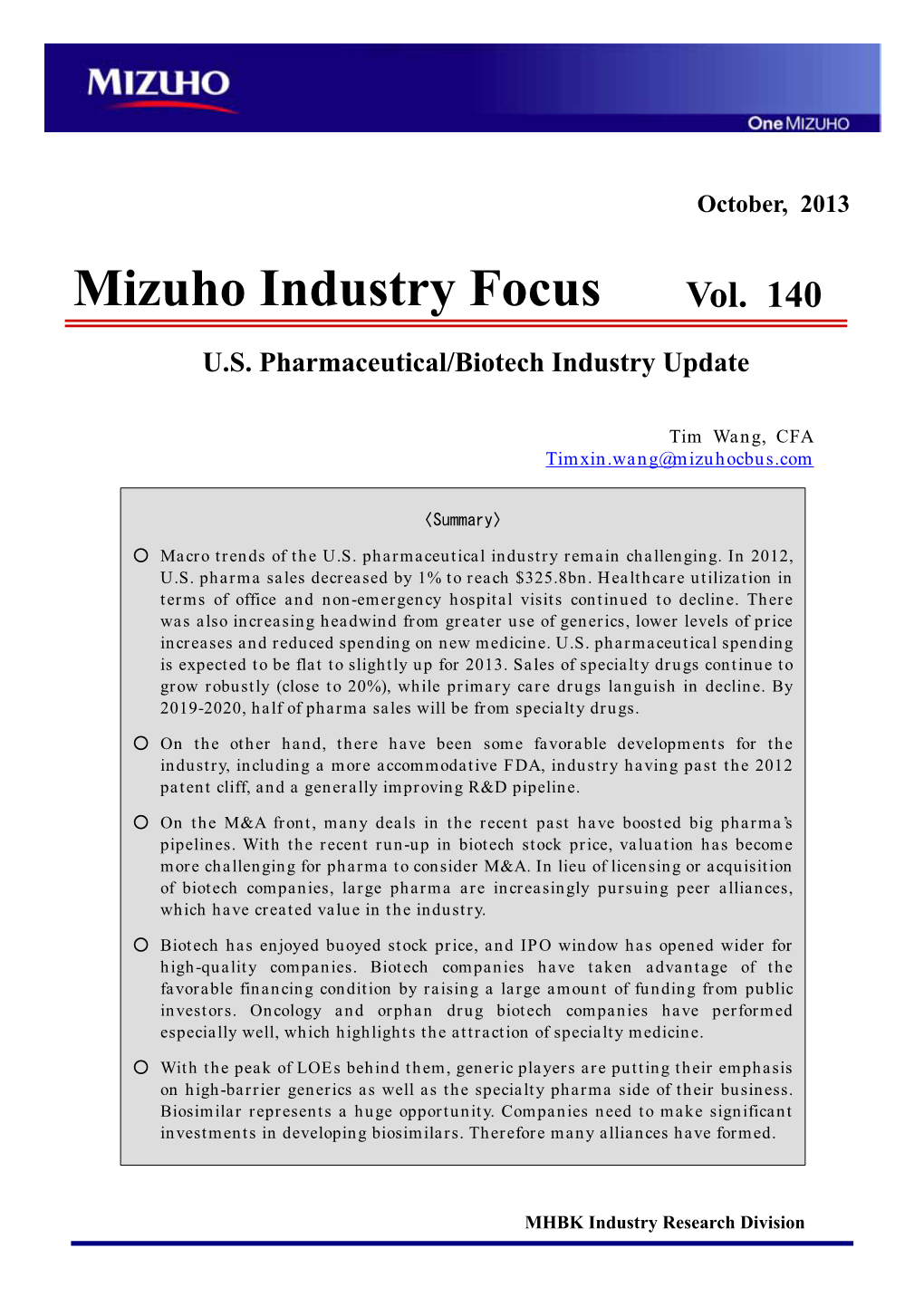U.S. Pharmaceutical/Biotech Industry Update