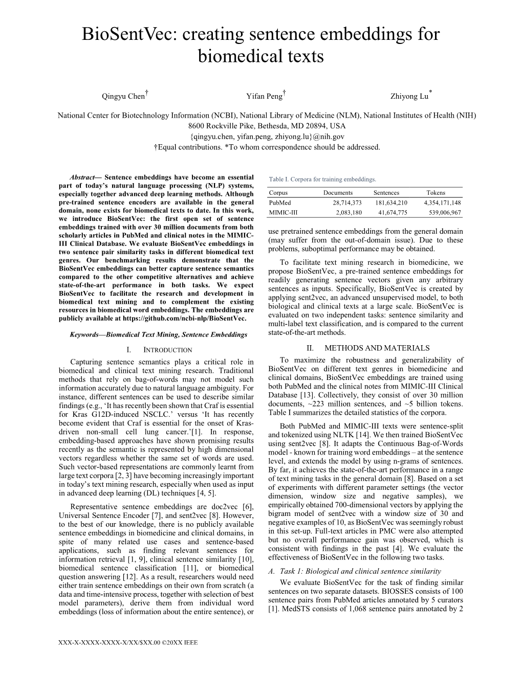 Biosentvec: Creating Sentence Embeddings for Biomedical Texts