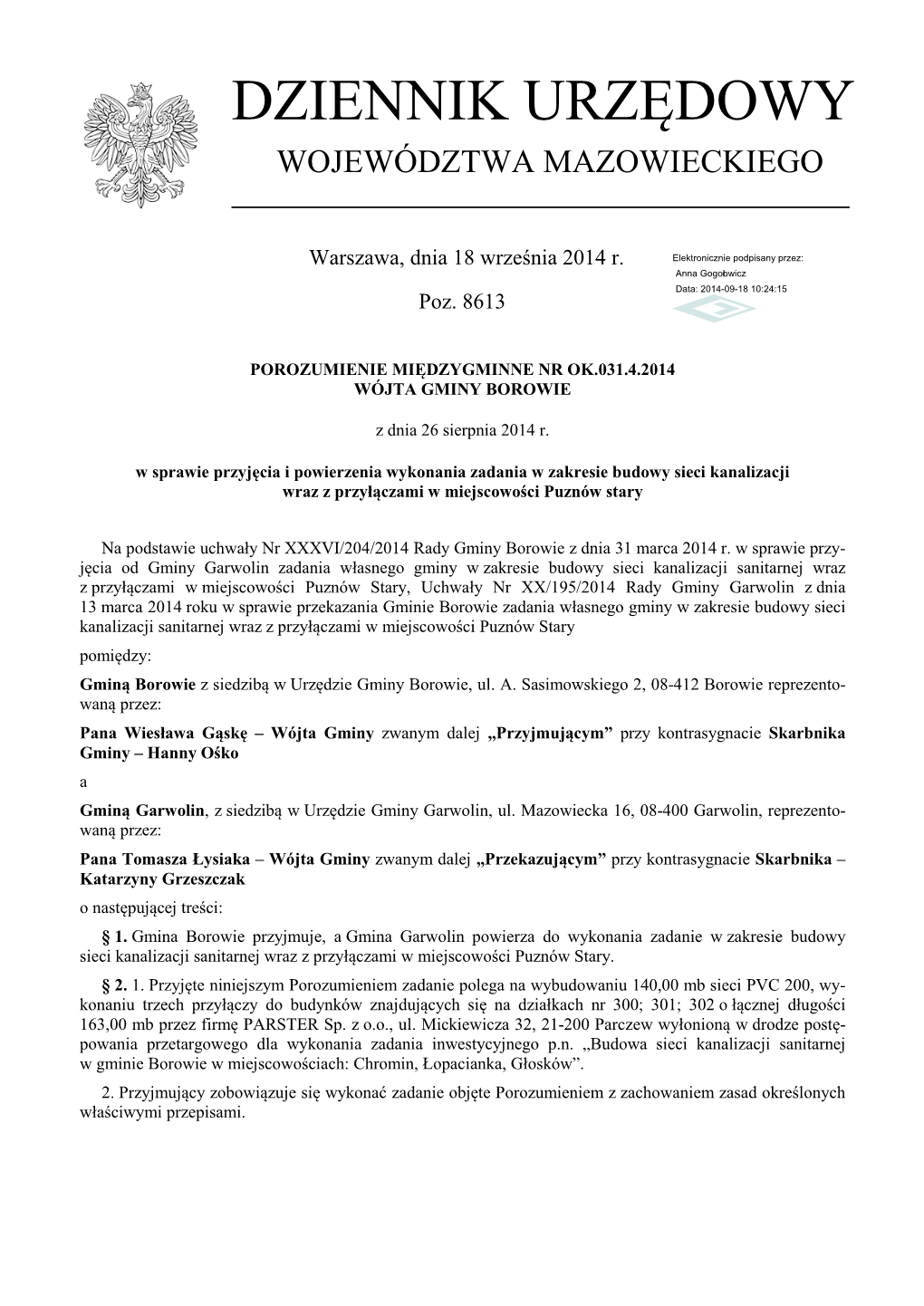 Porozumienie Międzygminne Nr OK.031.4.2014 Z Dnia 26 Sierpnia