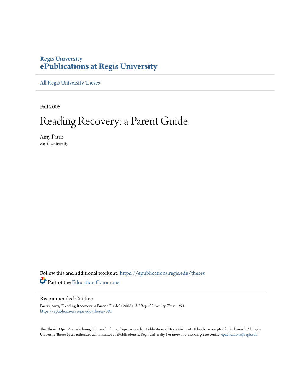 Reading Recovery: a Parent Guide Amy Parris Regis University