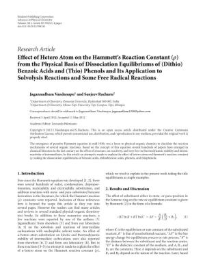 Effect of Hetero Atom on the Hammett's Reaction Constant () from the Physical Basis of Dissociation Equilibriums of (Dithio) Benzoic Acids and (Thio) Phenols and Its Application To