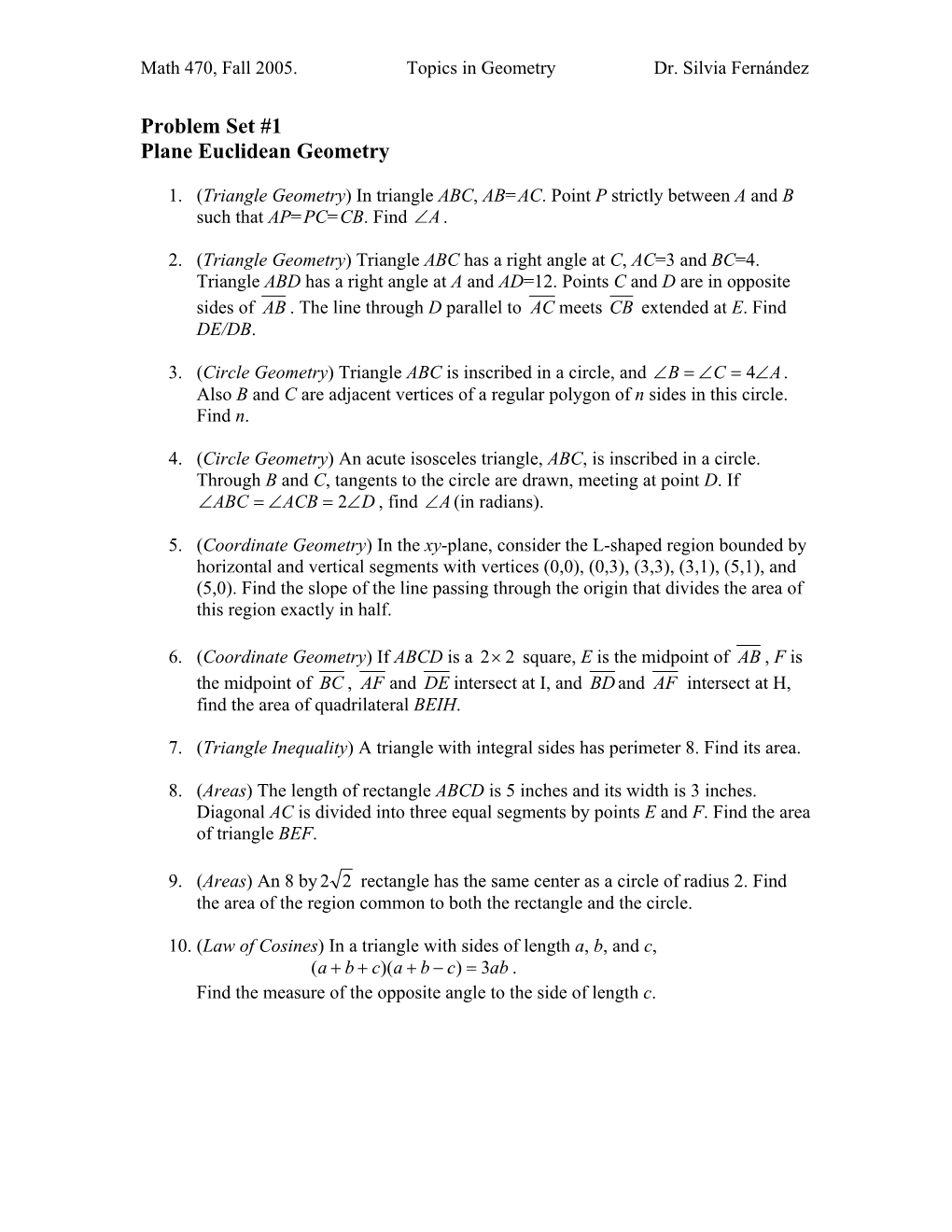 Problem Set #1 Plane Euclidean Geometry