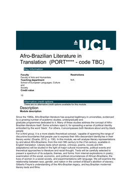 Afro-Brazilian Literature in Translation (PORT**** - Code TBC)