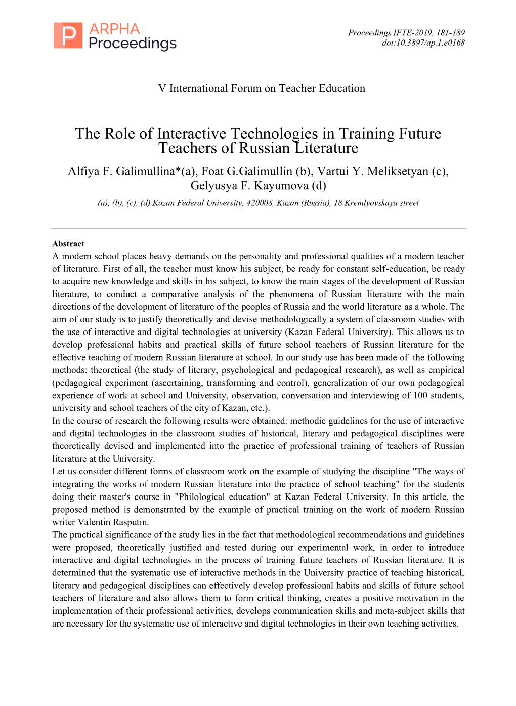 The Role of Interactive Technologies in Training Future Teachers of Russian Literature Alfiya F