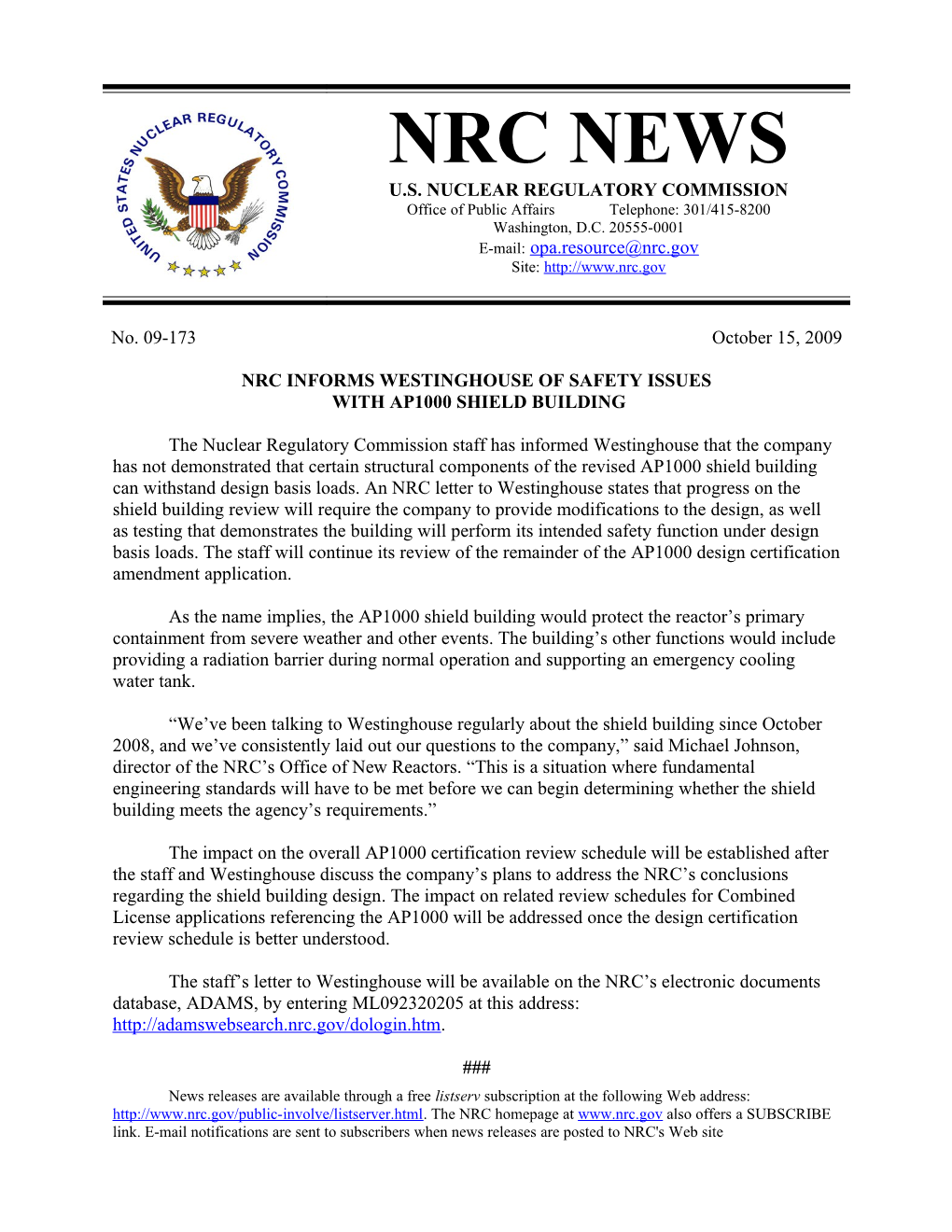 Nrc Informs Westinghouse of Safety Issues