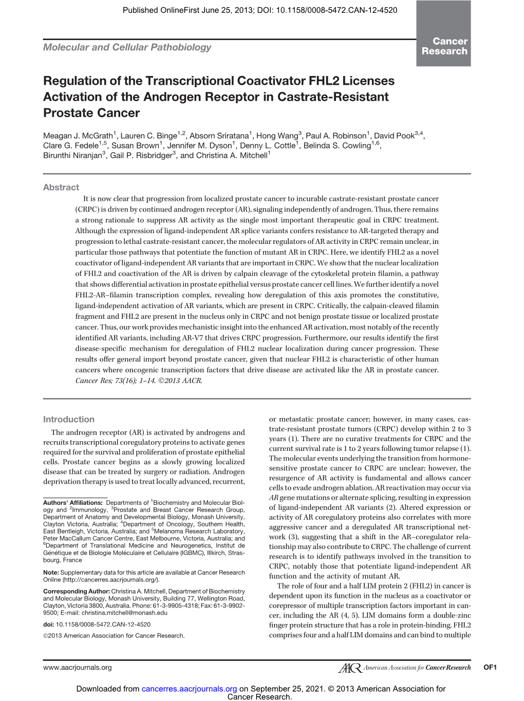 Regulation of the Transcriptional Coactivator FHL2 Licenses Activation of the Androgen Receptor in Castrate-Resistant Prostate Cancer