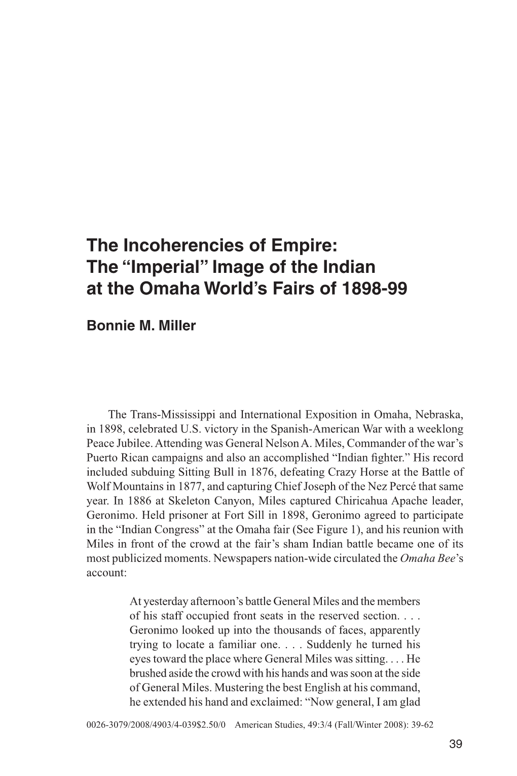 The Incoherencies of Empire: the “Imperial” Image of the Indian at the Omaha World's Fairs of 1898-99